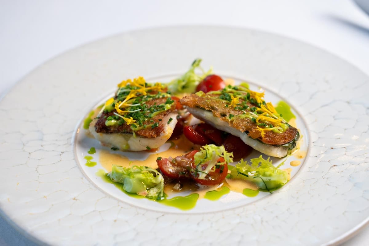Two crisp-skinned fish fillets with cherry tomatoes, frisée and herb oil on a textured white plate