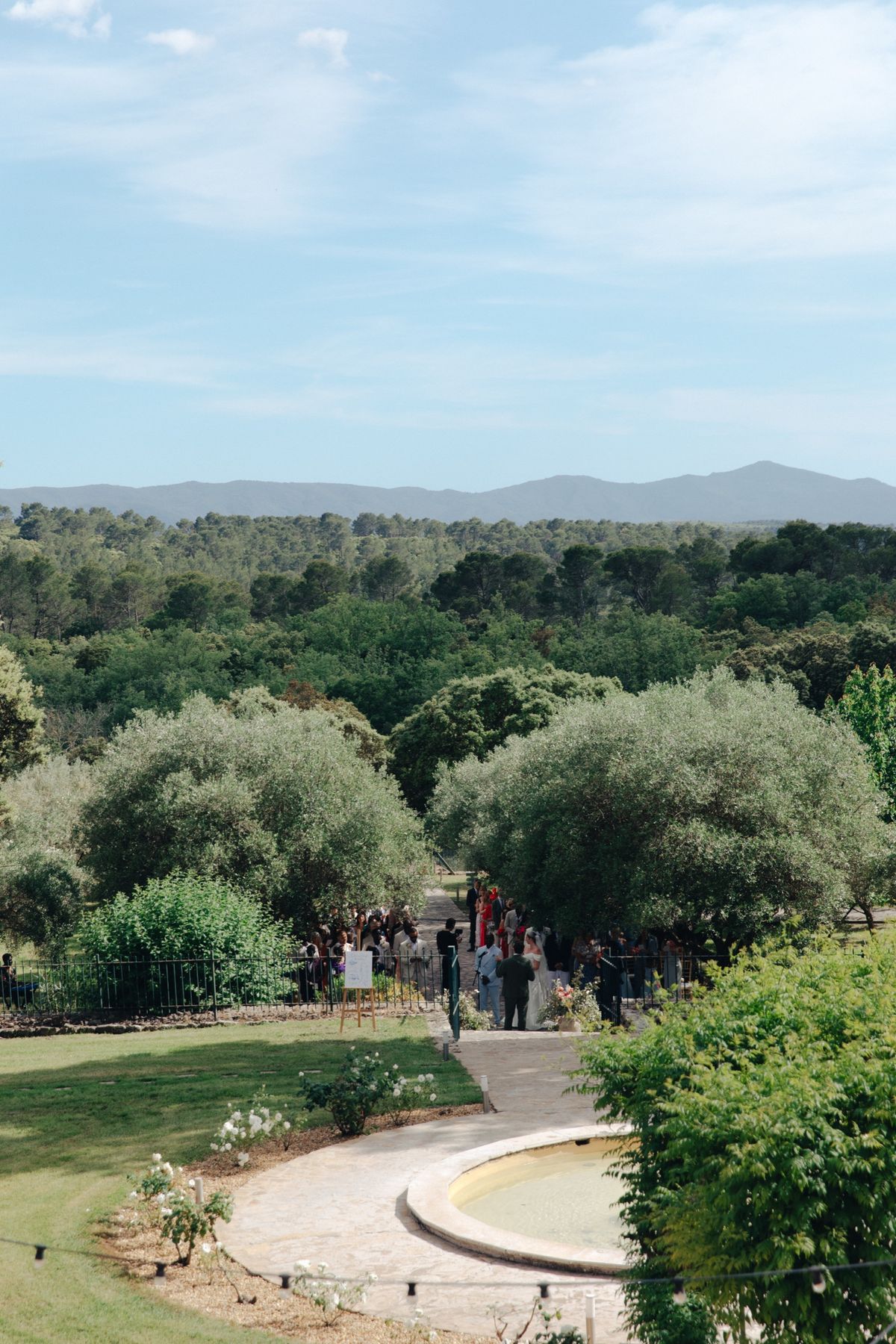 Wedding guests gathered by the garden fountain, with olive trees and the Provencal hills beyond