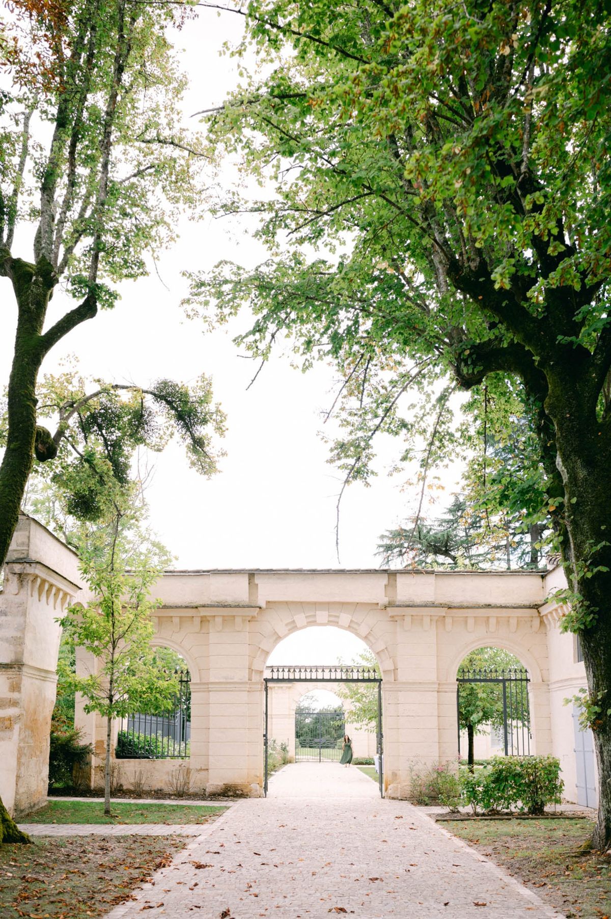 Arched gate opening onto a tree-lined allee leading into the grounds of Chateau de l'Hospital