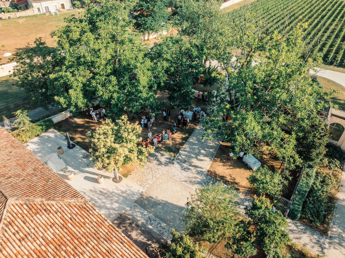 Aerial shot of guests gathering in the courtyard under the trees at Chateau de l'Hospital