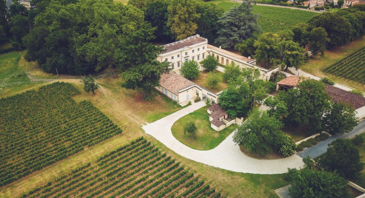 Aerial view of Chateau de l'Hospital with vineyards and the outbuilding-lined driveway