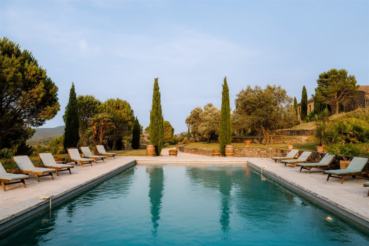 The long pool with loungers on both sides, cypress and olive trees along the terrace