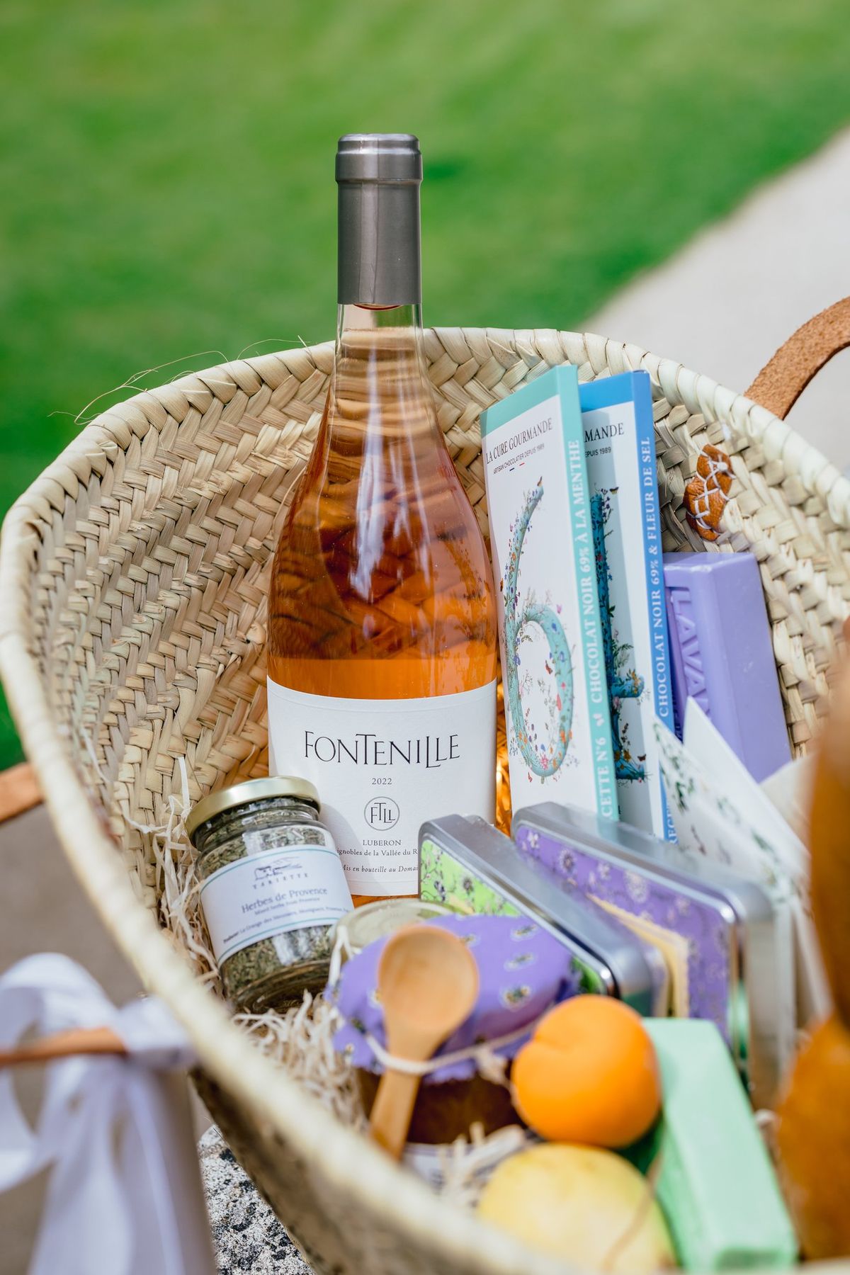 Welcome basket with wine and local produce branded Fontenille