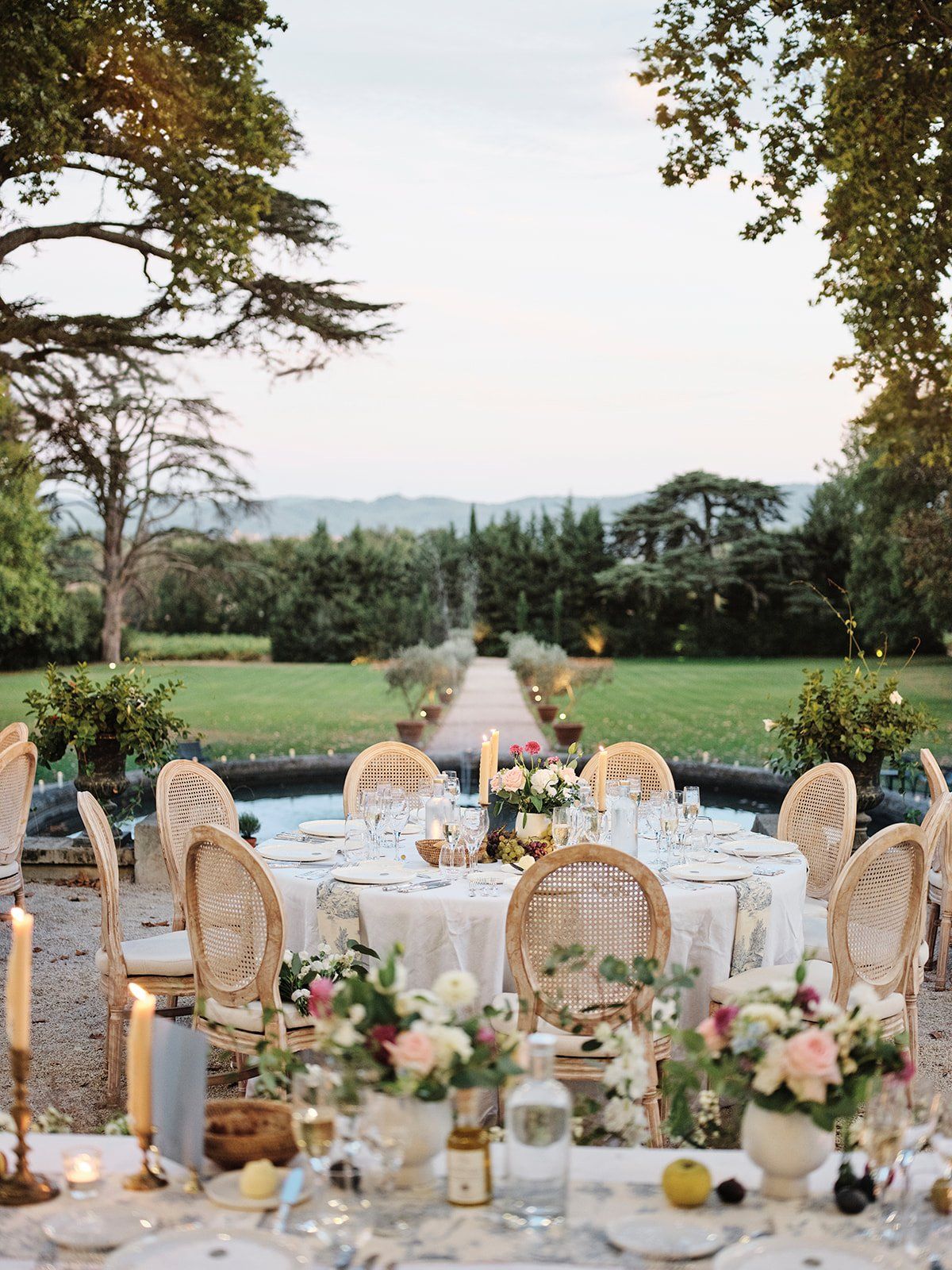 Evening dinner table set with candlelight