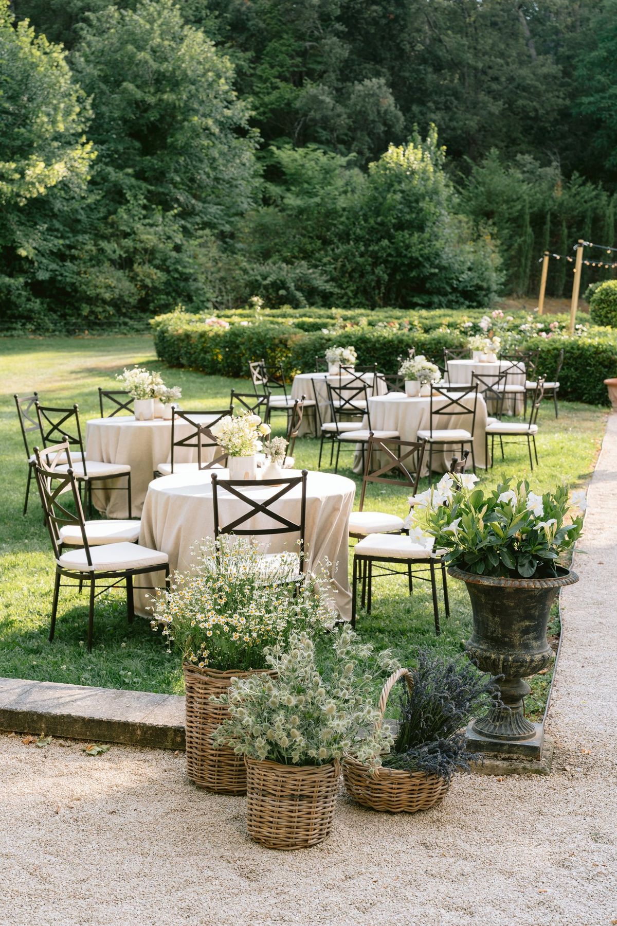 Outdoor lounge seating arranged in the garden