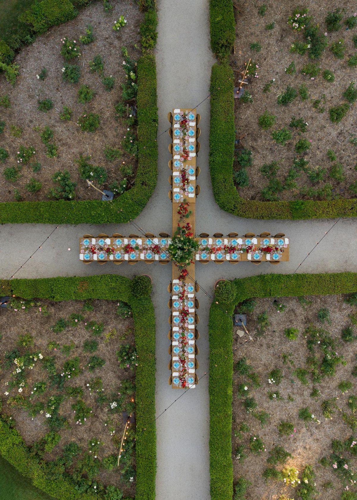 Aerial view of the garden's cross-shaped layout