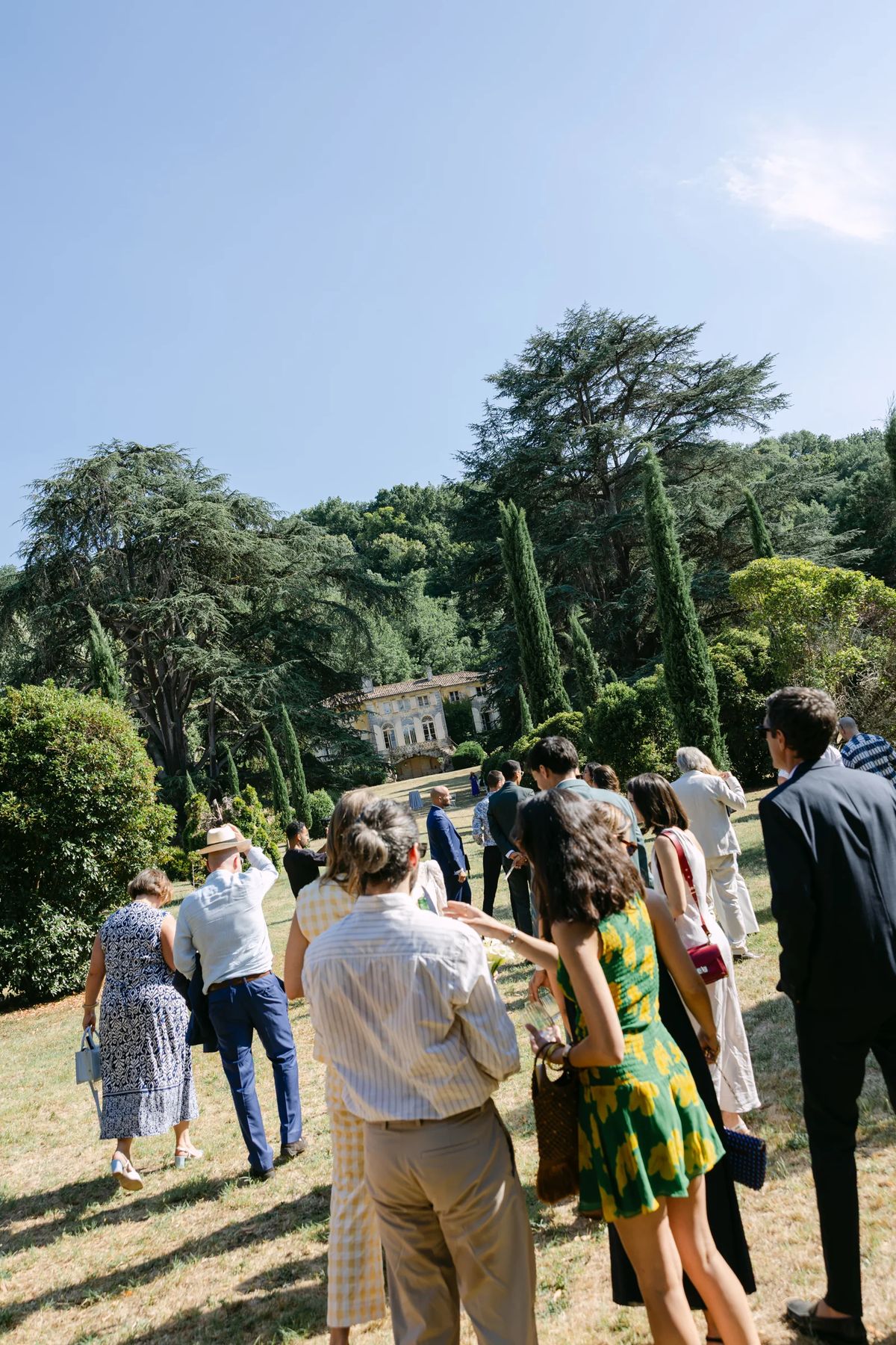 Guests walking across the lawn towards the cedars, with the house in the distance