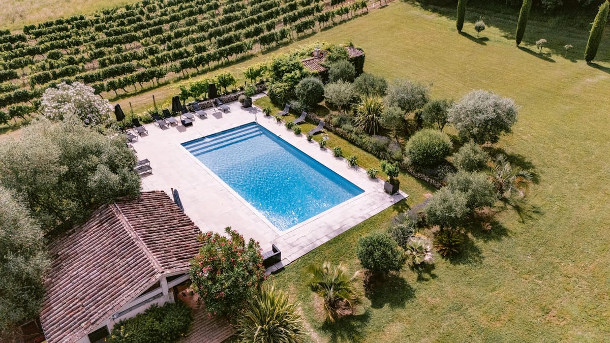 Aerial view of the pool and lawns with vineyards stretching behind
