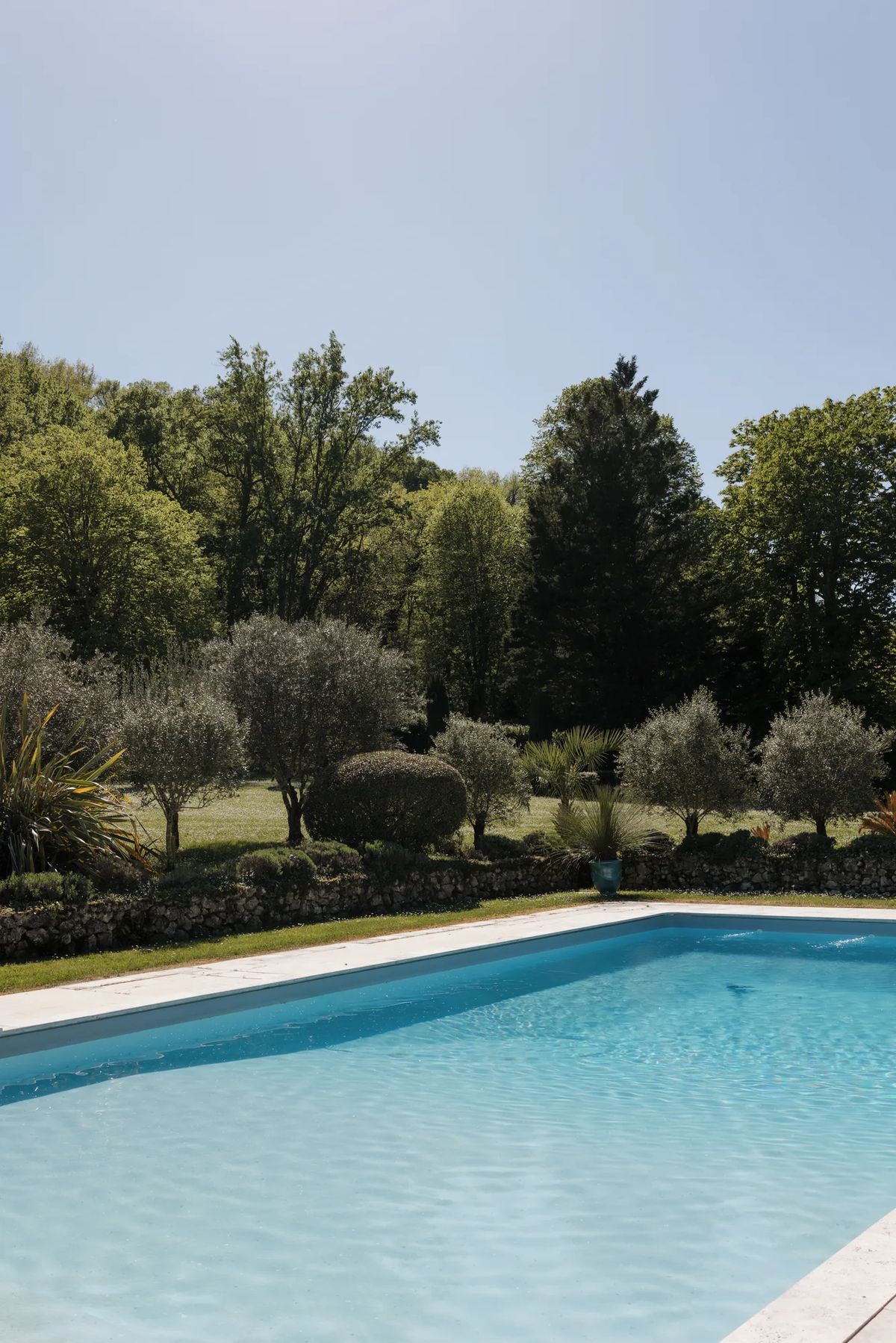 Swimming pool set in lawn, with parkland and mature trees beyond