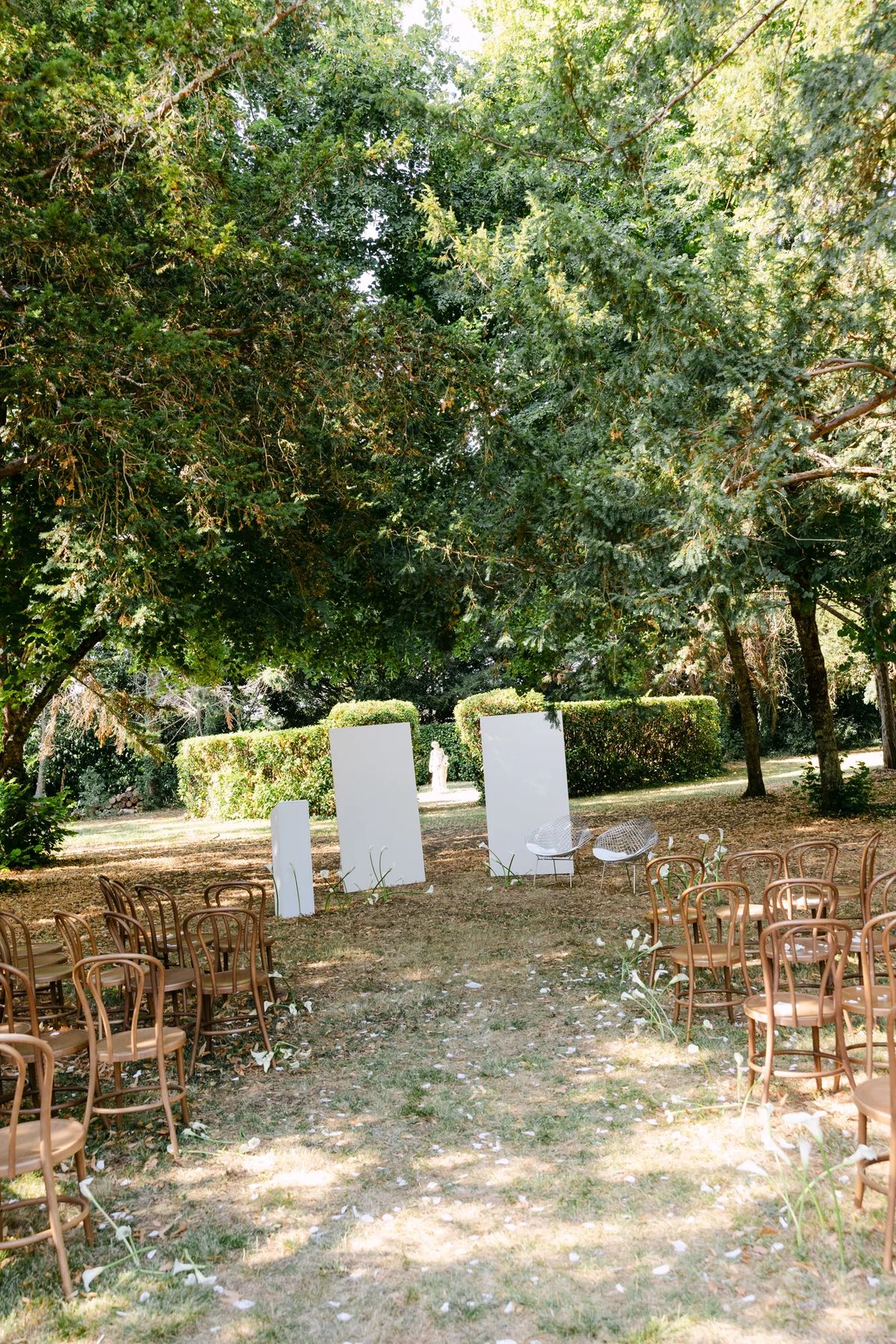 Ceremony chairs set among trees with a pale drape backdrop