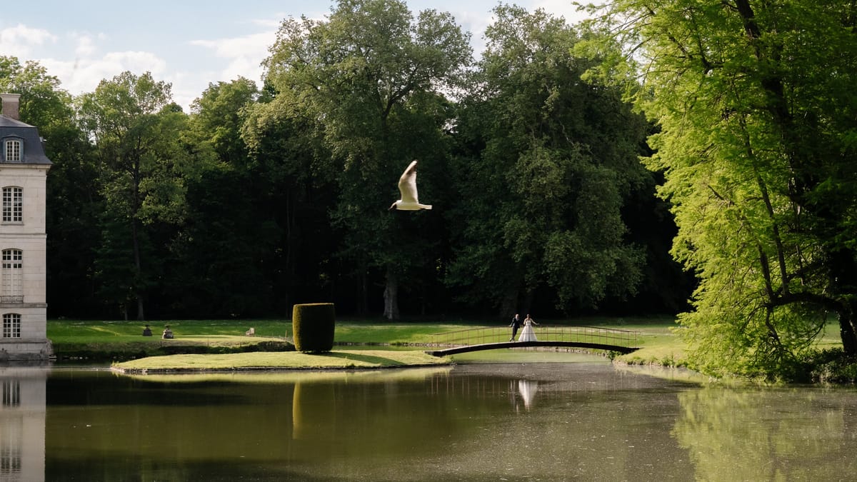 A bride and groom on a footbridge over the moat, a gull flying above the water and the château's corner at left