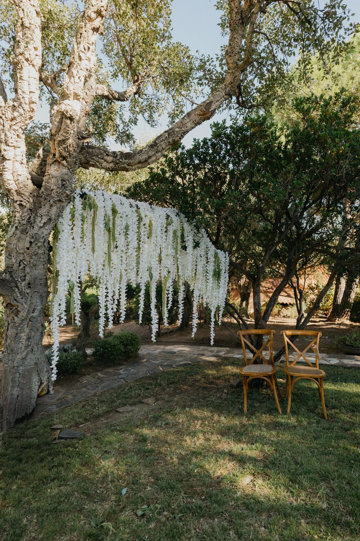 Outdoor ceremony set with wooden chairs and hanging white floral installations beneath the olive trees at Les Oliviers de Palombaggia