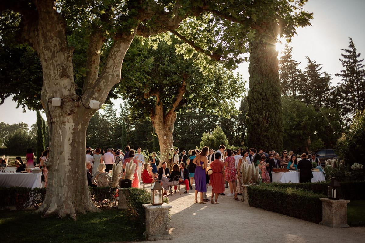 Mas D'Arvieux wedding cocktail hour with guests gathering under plane trees in Provence garden