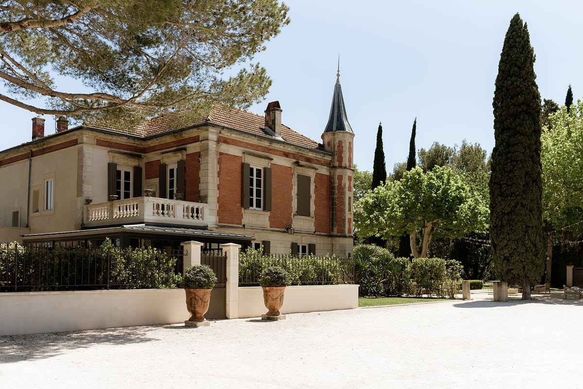 Mas D'Arvieux chateau facade and turret seen from the driveway