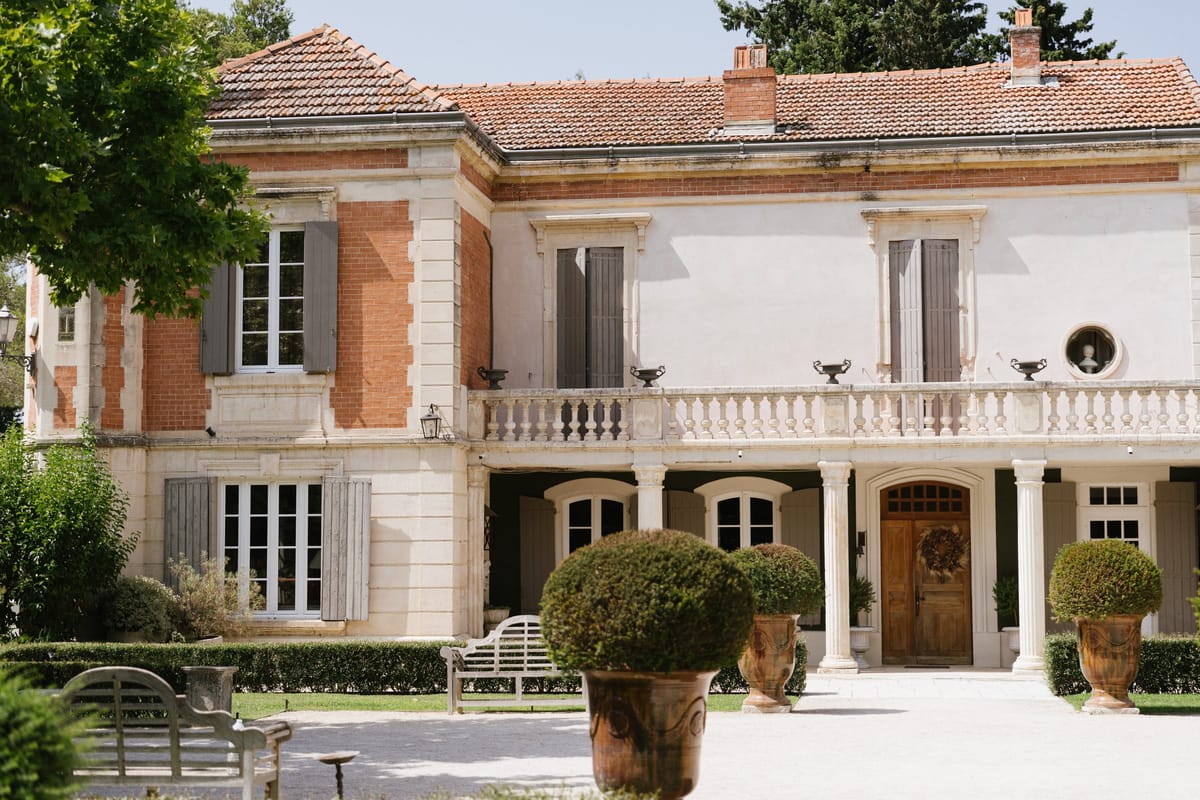 Mas D'Arvieux chateau facade with corner turret in daylight
