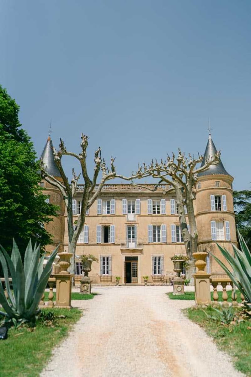 A wide exterior shot of a French chateau photographed straight-on from the gravel driveway approach. The three-storey golden limestone building features two conical-roofed corner towers, white-shuttered windows, and a central entrance door flanked by decorative stone urns on pedestals. Two heavily pollarded plane trees frame the facade symmetrically, their bare upper branches spreading across the front of the building. Large agave plants line the foreground edges of the driveway. No people are visible in the frame. Potential venue feature image.
