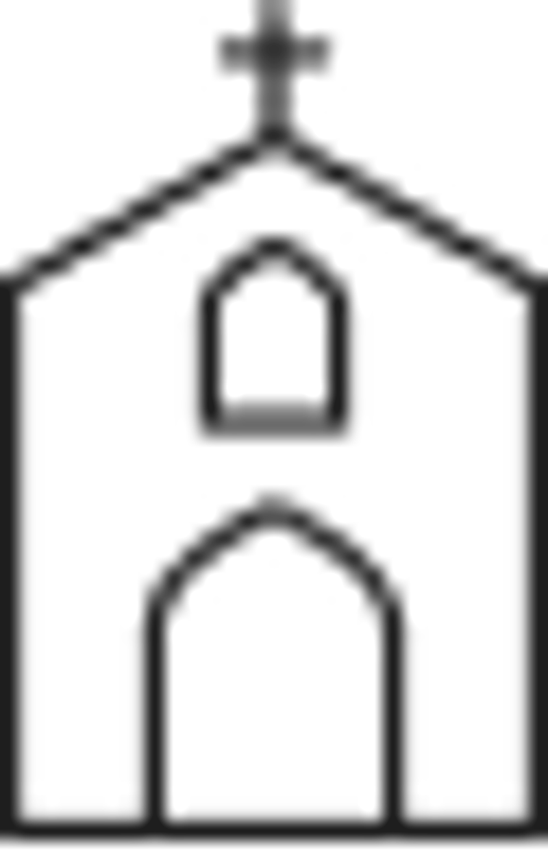 This image is a simple black-and-white line illustration or icon of a church building, featuring a cross at the top of a pointed steeple and a arched doorway at the base. It is not a photograph but a minimalist graphic symbol, likely used as a placeholder or category icon. No people, decor, or wedding-specific details are visible.