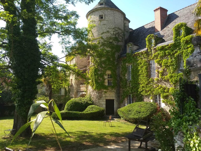 An outdoor wide shot of a French château facade viewed from the grounds, showing a multi-story limestone building with a distinctive round tower, slate roof, and dormer windows. The exterior walls are heavily covered in climbing ivy and Virginia creeper, and the entrance is flanked by neatly clipped rounded boxwood hedges. The foreground features a well-maintained lawn with mature trees, a wooden garden bench, and a single metal folding chair placed near the entrance steps. No people are visible in the image. Potential venue feature image.