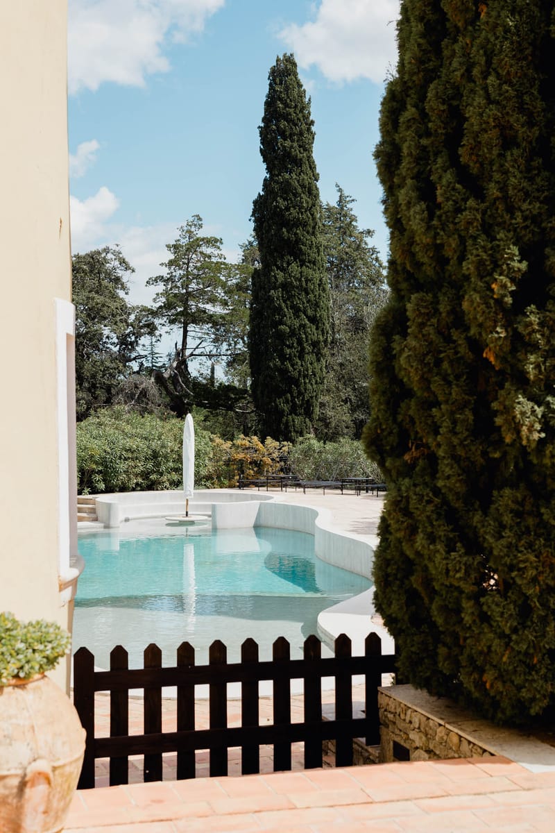Freeform pool with fountain feature viewed through gap between cream building and cypress tree at French venue
