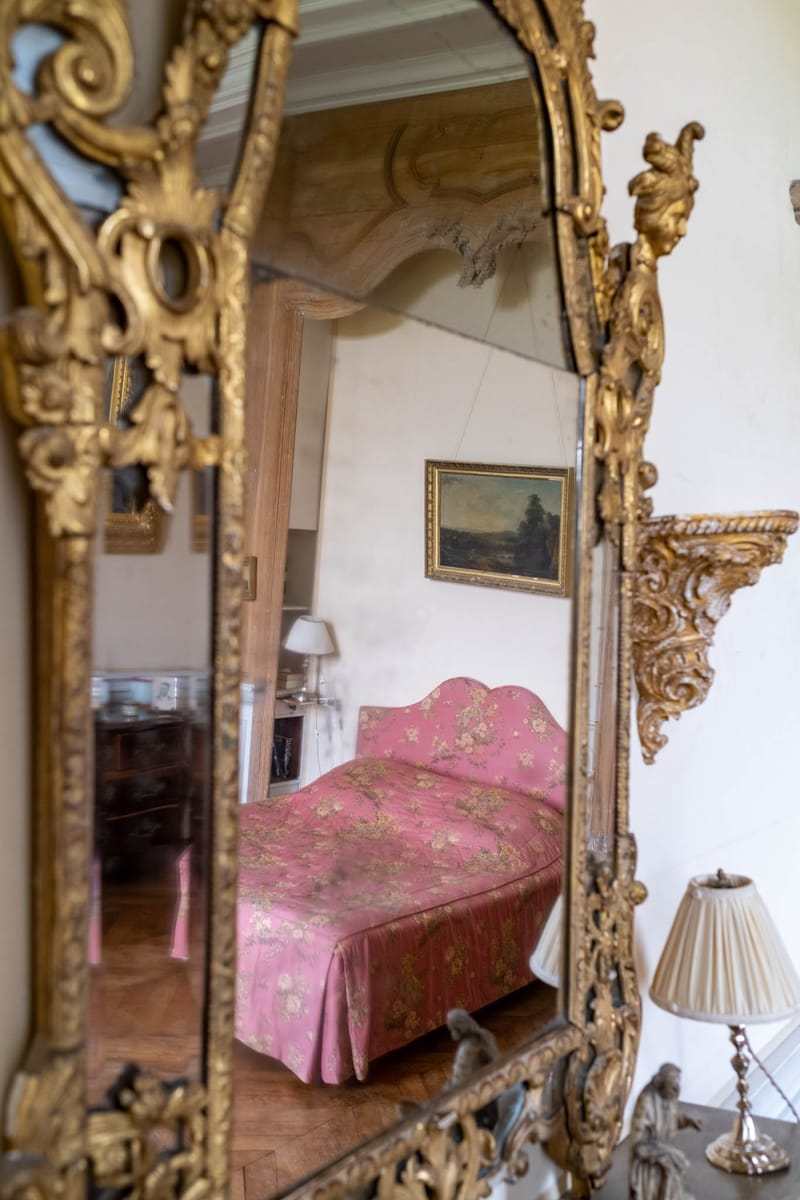 Ornate gilt Baroque mirror reflecting pink floral daybed landscape painting and ceiling moldings in chateau interior