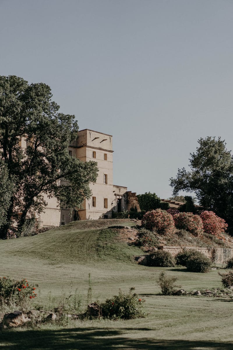 French chateau with limestone tower and cream facades surrounded by flowering shrubs and open lawn