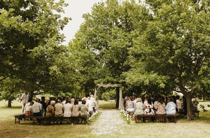 An outdoor wedding ceremony taking place in a shaded grove of large oak trees, with approximately 50–60 guests seated on rustic dark wooden benches arranged in two sections on either side of a central aisle. The aisle is lined with scattered white flower petals and flanked by small clusters of white roses at the ends of the benches. At the altar, a simple arch or frame draped with ivory fabric panels frames the officiant and couple in the distance. The overall styling is relaxed and natural, with a boho-rustic feel — no formal floral arch, minimal decoration, and guests dressed in a mix of casual summer attire including floral prints, neutral tones, and a few suits. The wide shot captures the full ceremony layout from behind the seated guests, emphasizing the canopy of trees overhead and the open meadow setting beyond.