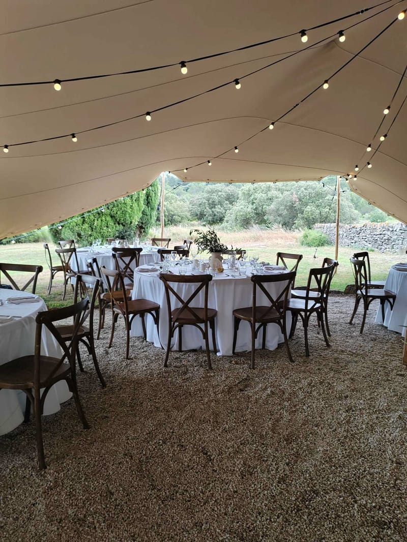 Stretch tent reception with round tables, cross-back chairs, globe string lights, and olive branch centerpieces