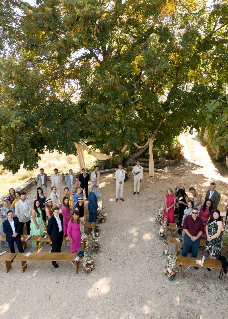 Elevated view of outdoor wedding ceremony with two grooms at altar beneath a draped tree and seated guests