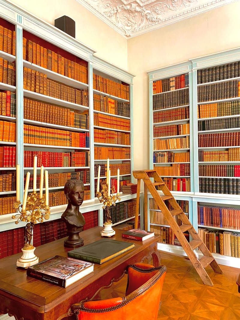 Chateau library with floor-to-ceiling blue-grey shelves, bronze bust, and parquet herringbone floor