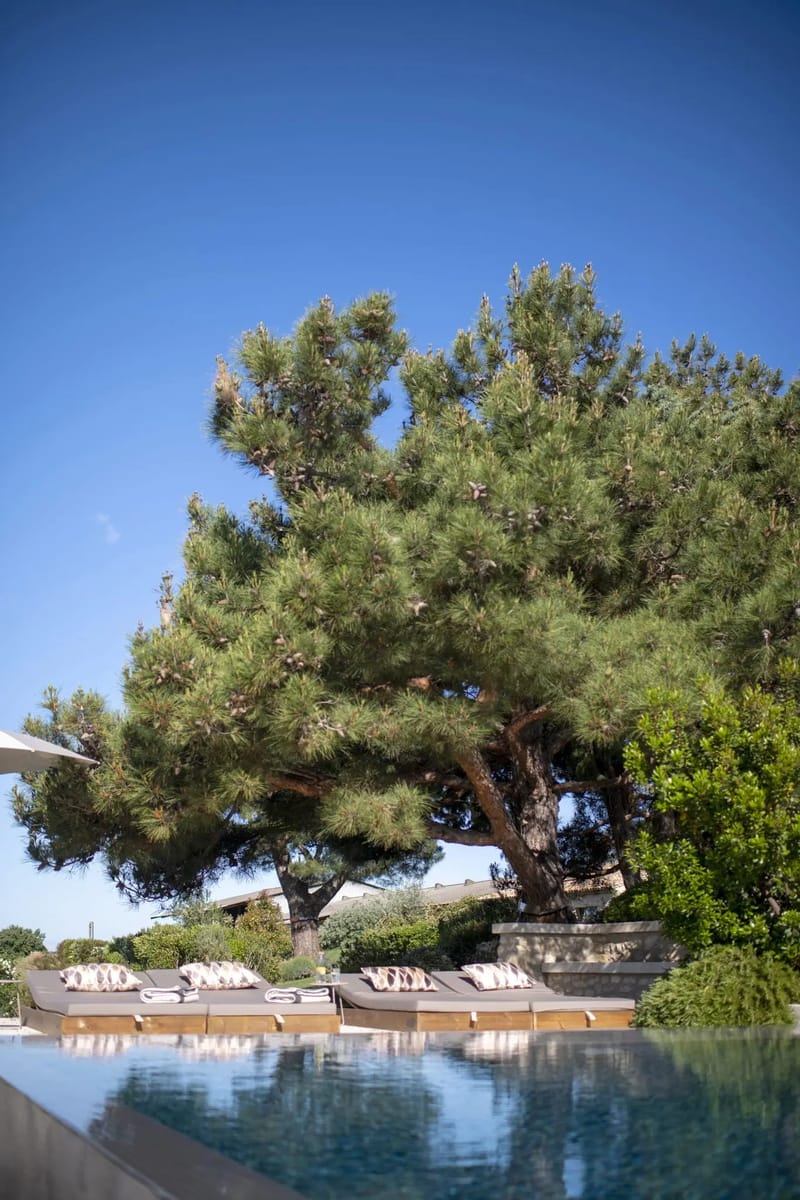Rectangular pool with grey loungers and charcoal umbrellas beside stone-columned pergola at venue