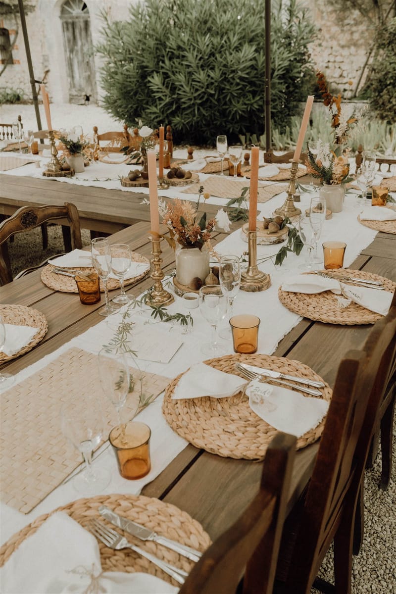 Wedding reception table setting in a garden
