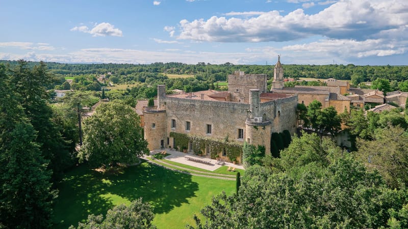 Aerial view of a medieval stone chateau with corner towers and terracotta roofs in a Provencal village