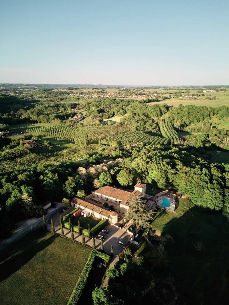 Drone aerial view of Chateau de Sanse estate near Bordeaux France