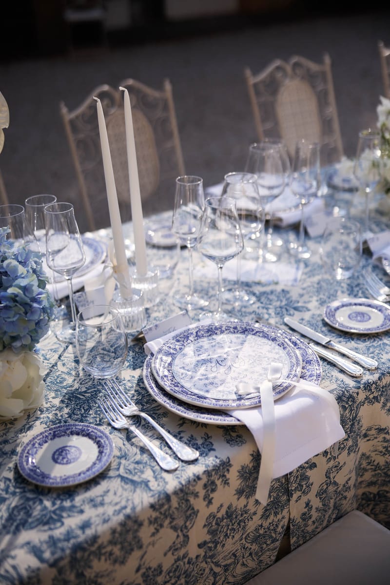 Wedding reception table setting with hydrangeas