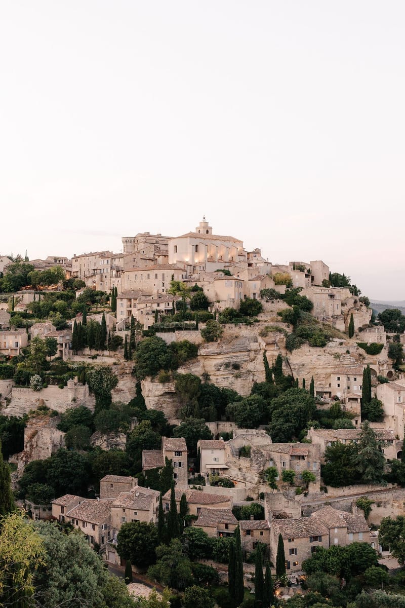Hilltop village of Gordes at dusk at Airelles Gordes La Bastide, Provence
