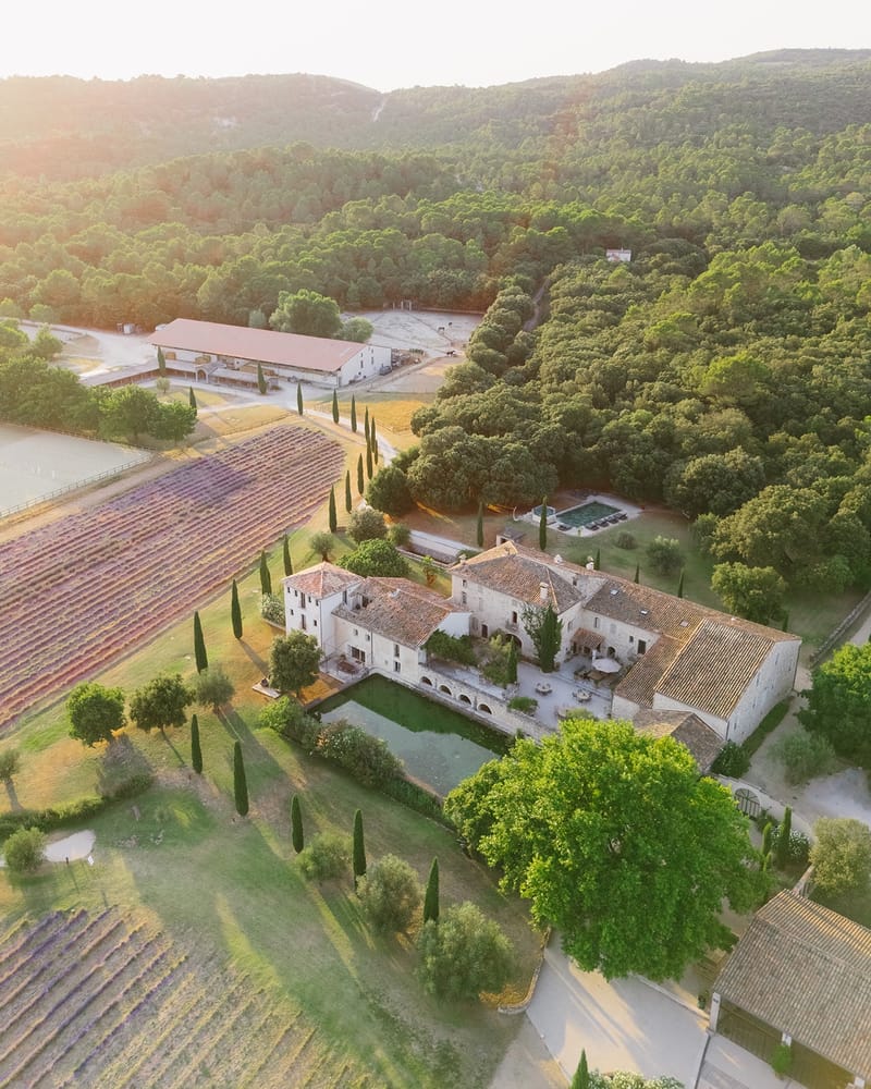 Aerial sunset view of estate and lavender fields at Les Domaines de Patras, Provence