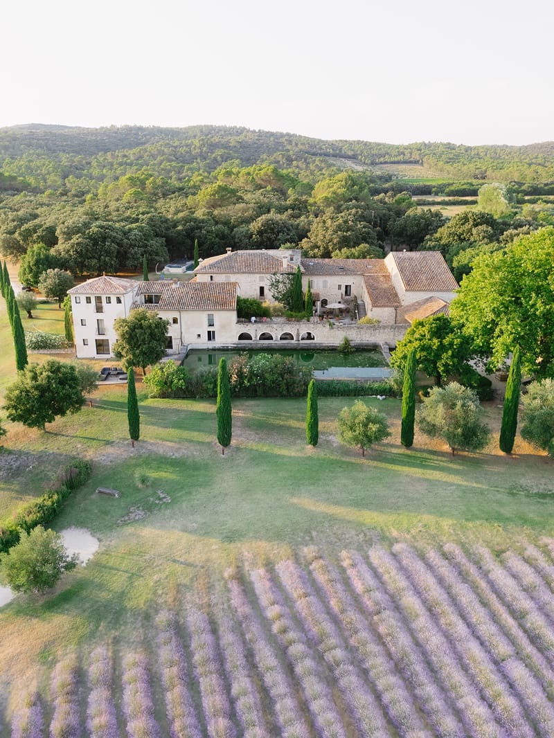 Aerial view of Provencal estate with lavender field at Les Domaines de Patras, Provence