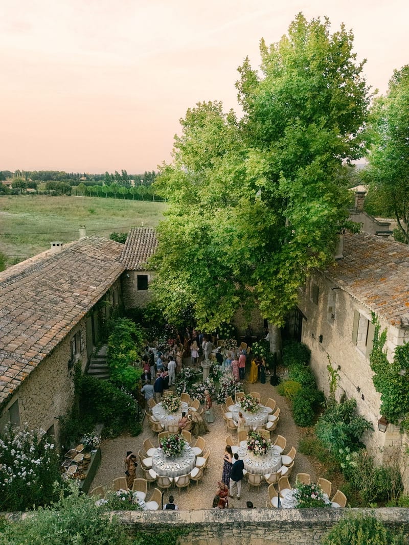 aerial of the bastide grounds at dusk at La Bastide de Laurence, Provence