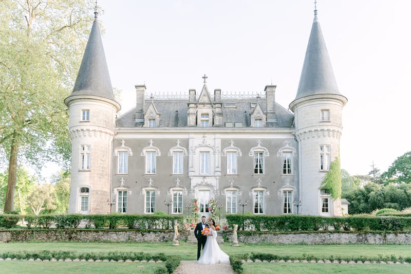 Bride and groom portrait in a garden