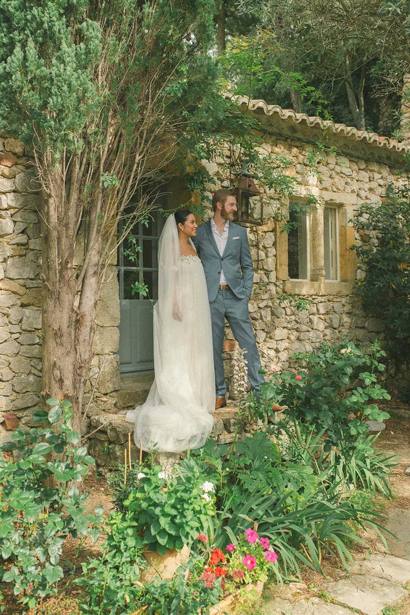 Bride and groom portrait in a garden