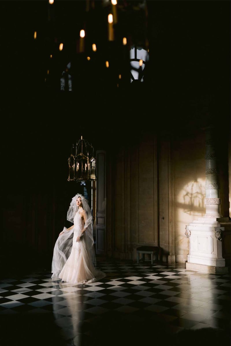 Bride with cathedral veil on diamond marble floor in dramatic chateau hall with brass chandeliers and shadow