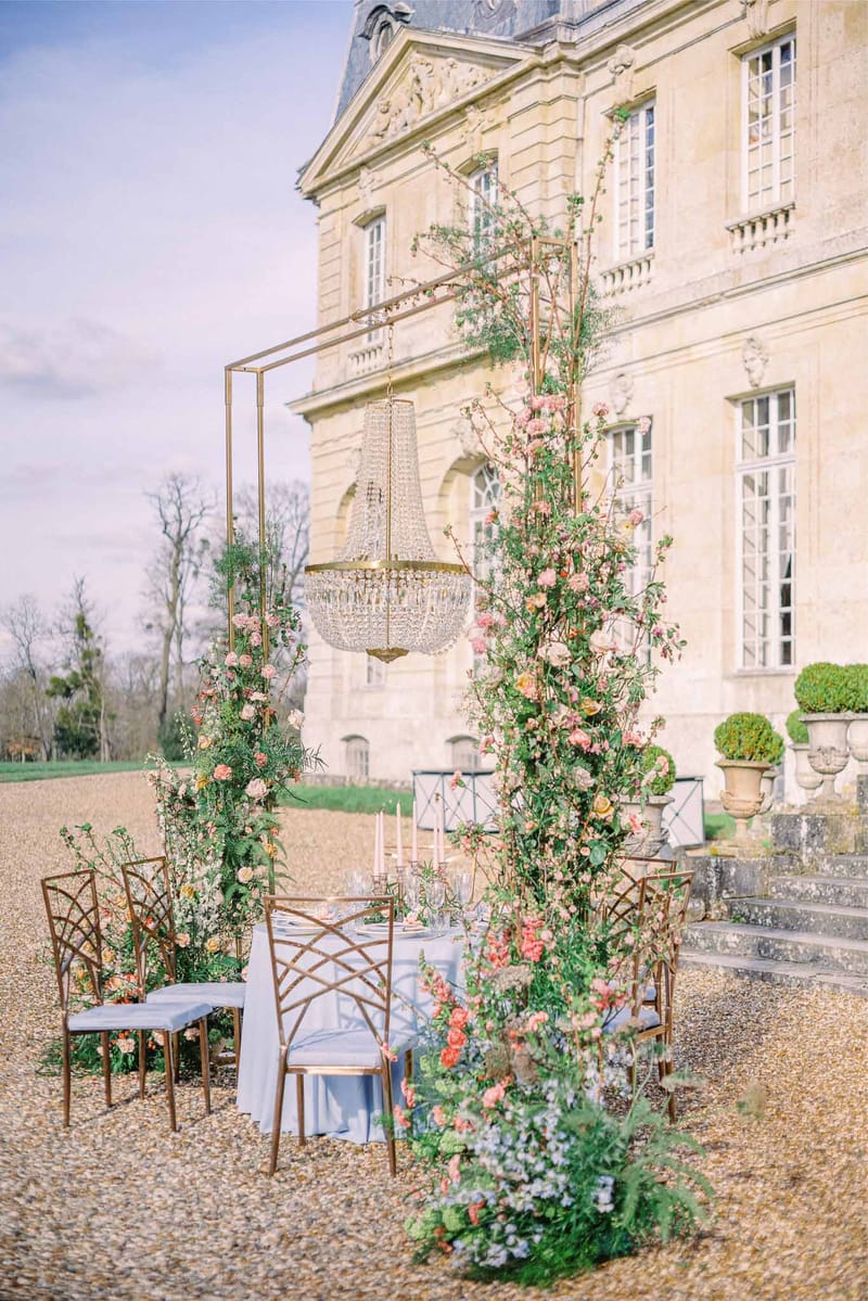Wedding reception table setting in a garden