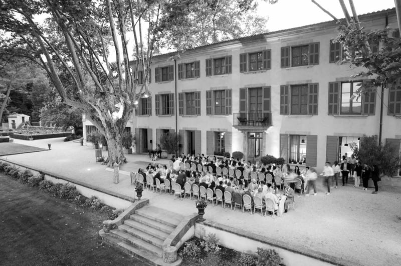Black and white photo of wedding reception table setting