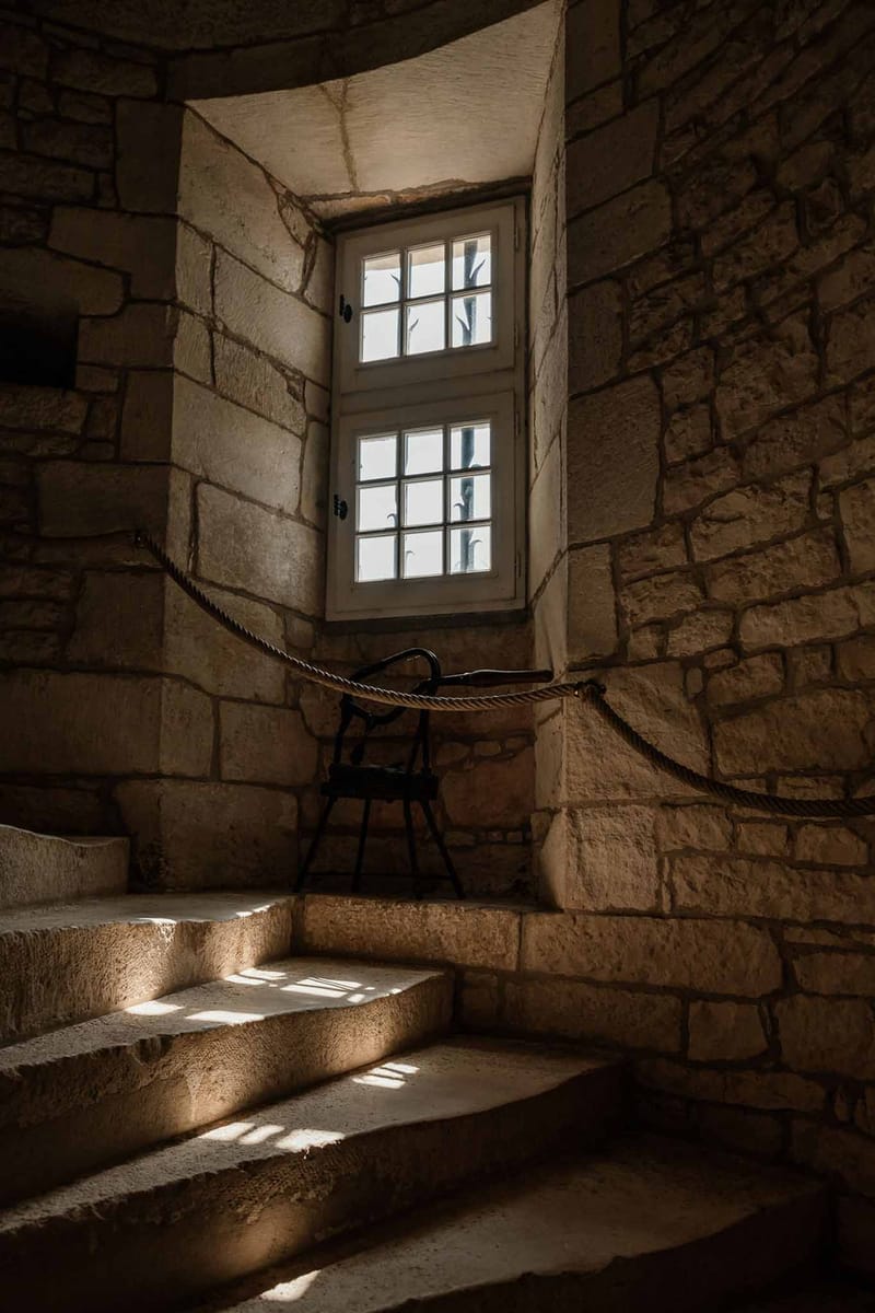 Curved stone spiral staircase inside a chateau tower with rope handrail and natural light from a casement window