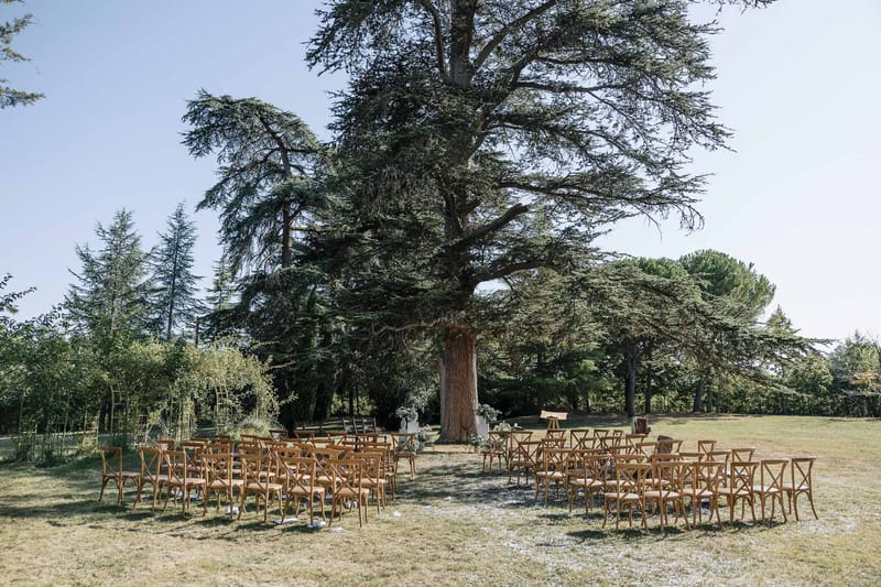 Outdoor ceremony setup with cross-back wooden chairs on lawn facing altar beneath large cedar tree at wooded estate