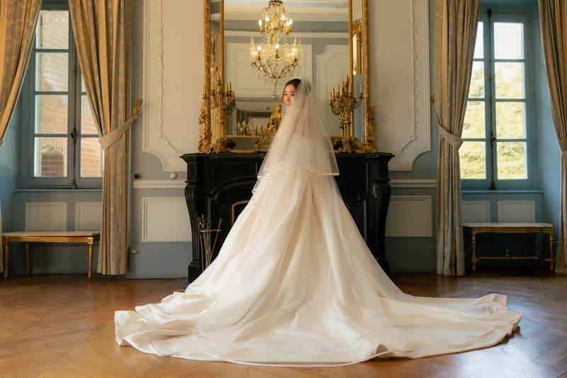 Bride with cathedral train and veil in blue-grey paneled salon with gilt candelabras and marble fireplace