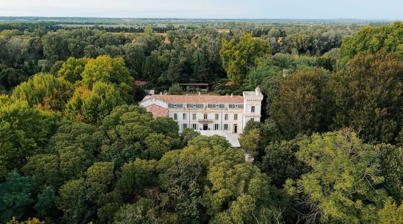 Aerial view of white chateau with corner tower terracotta roof pergola and mature tree canopy at dusk