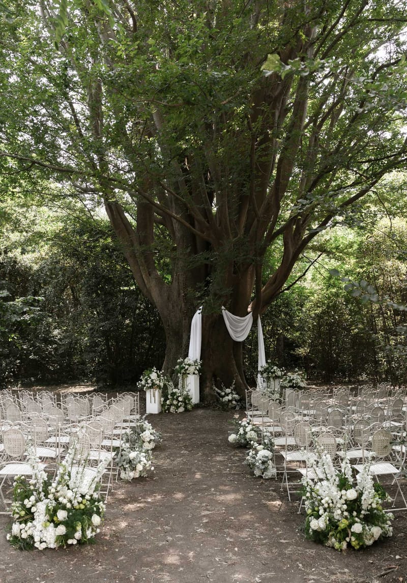 Outdoor ceremony aisle with white garden chairs and hydrangea arrangements beneath a large tree with draped fabric altar