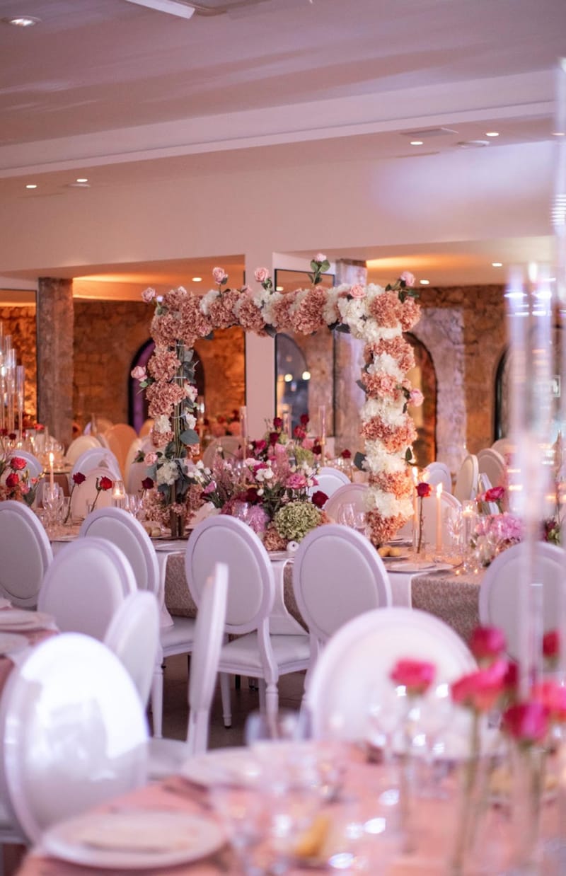 Indoor reception room with circular floral arch, round tables set with crystal glassware and pink hydrangea centerpieces