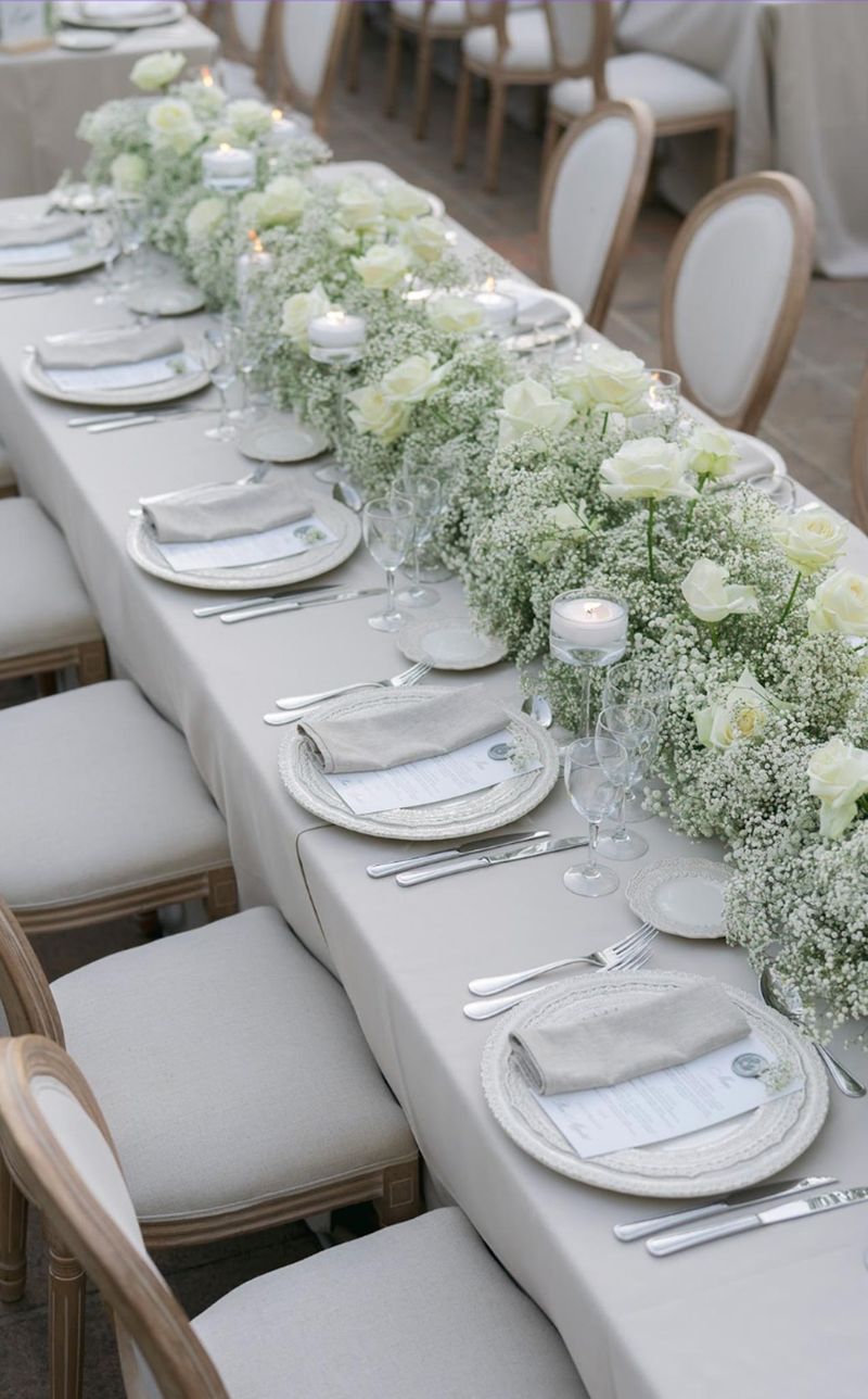 Baby's breath and ivory rose runner with wax-sealed menus and rattan chargers on greige linen table